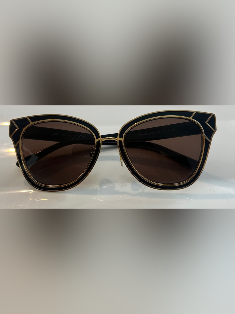 Tory Burch Black and Gold Cat-Eye Sunglasses with Brown Lenses